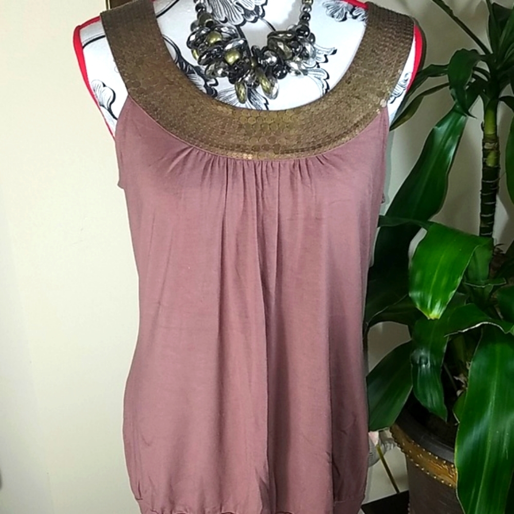 ONE WORLD Mauve Tank Top with Bronze Embellished Yoke